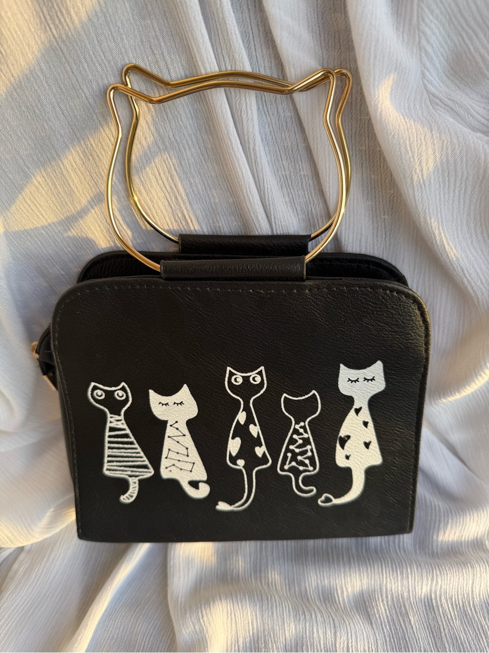 Black Cat Print Crossbody Bag with Gold Cat-Head Handle